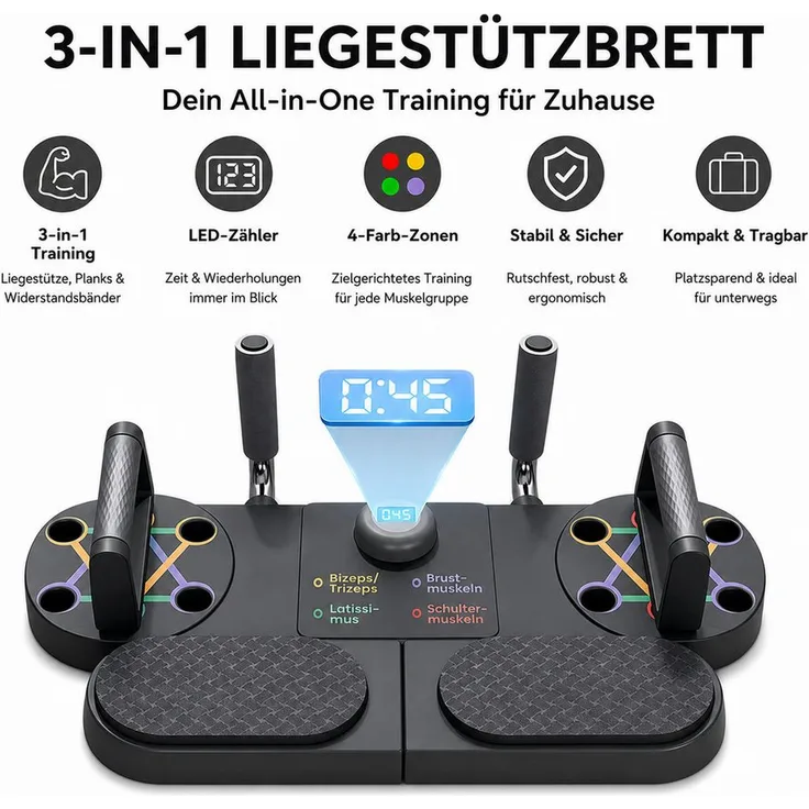 Toomoke 3 in 1 Push-Up Liegestützbrett mit LED-Zähler, faltbare Fitnessplattform in Grauschwarz für Oberkörpertraining (Brust, Schultern, Rücken & Trizeps)