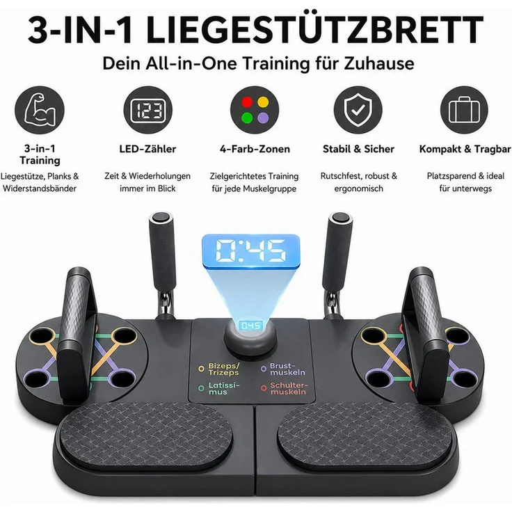 Toomoke 3 in 1 Push-Up Liegestützbrett mit LED-Zähler, faltbare Fitnessplattform in Grauschwarz für Oberkörpertraining (Brust, Schultern, Rücken & Trizeps)
