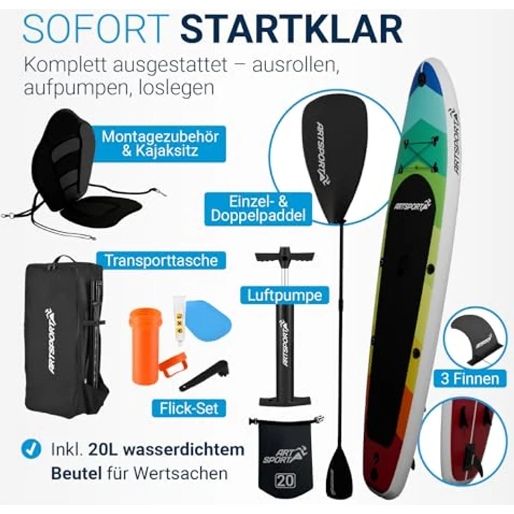 ARTSPORT® Stand Up Paddling Board Set Retro Love, aufblasbar 320 cm, inkl. Kajaksitz, Action-Cam Halterung & Zubehör, Tragkraft 150 kg – Bild 2