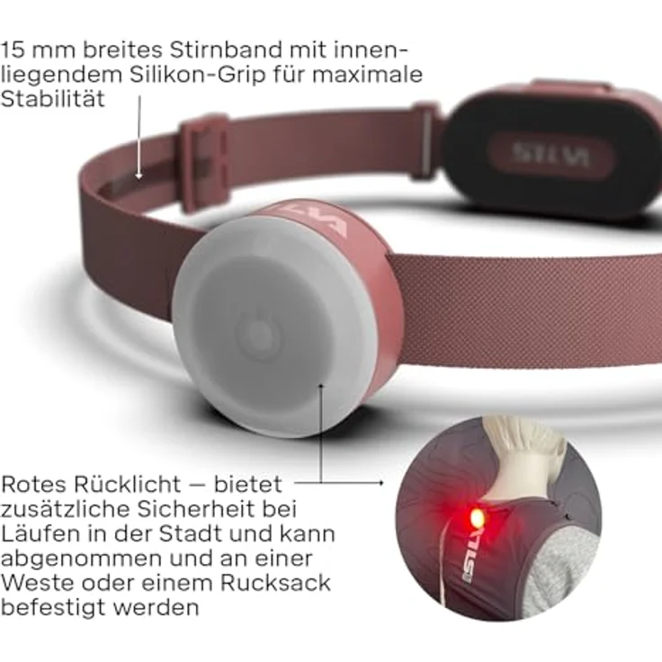 Silva Smini Stirnlampe LED, wiederaufladbar über USB-C, 250 Lumen, 3 Helligkeitsstufen, weiß & rot, 53 g, wasserfest, mit Batterieanzeige und rotem Rücklicht – Bild 5