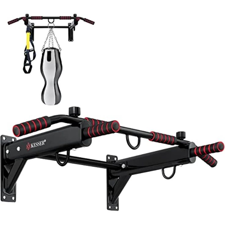 KESSER® 4in1 Klimmzugstange zur Wandmontage rutschfesten Griffen zusätzliche Funktion für Seile Ringe und Boxsäcke mit verschiedenen Griffpositionen | sicher & stabil | Pull Up Bar für zuhause, Rot – Bild 1