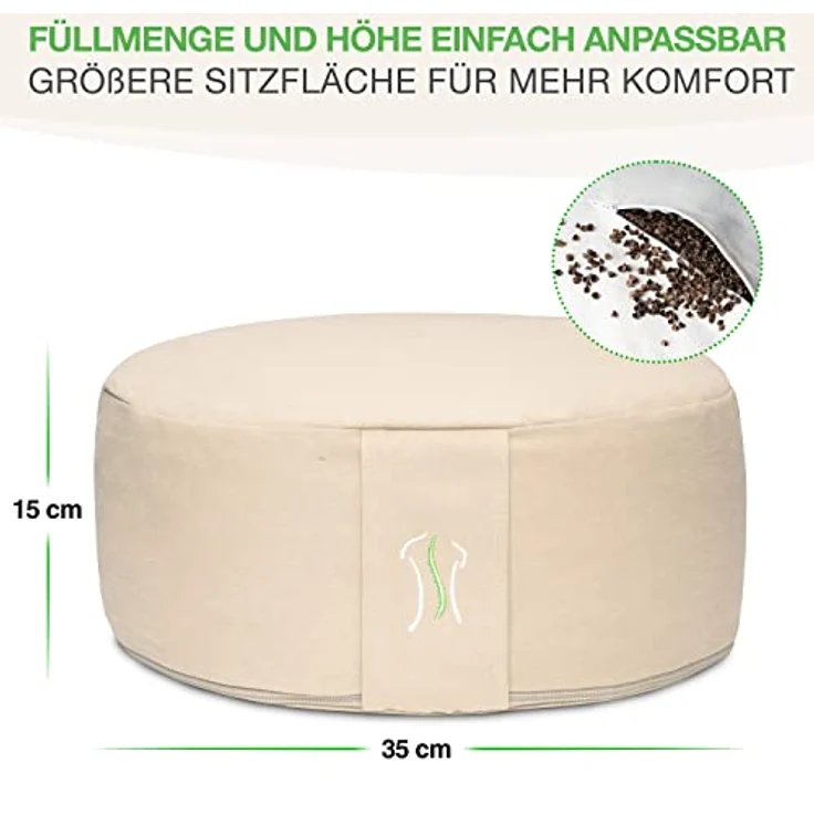 BACKLAxx® Yoga Kissen, Meditationskissen XL 35cm [30% mehr Sitzfläche], 15cm hoch mit Buchweizenfüllung, perfektes Meditation Zubehör, Yogakissen rund inkl. Videokurs - Pouf Sitzkissen Boden – Bild 3