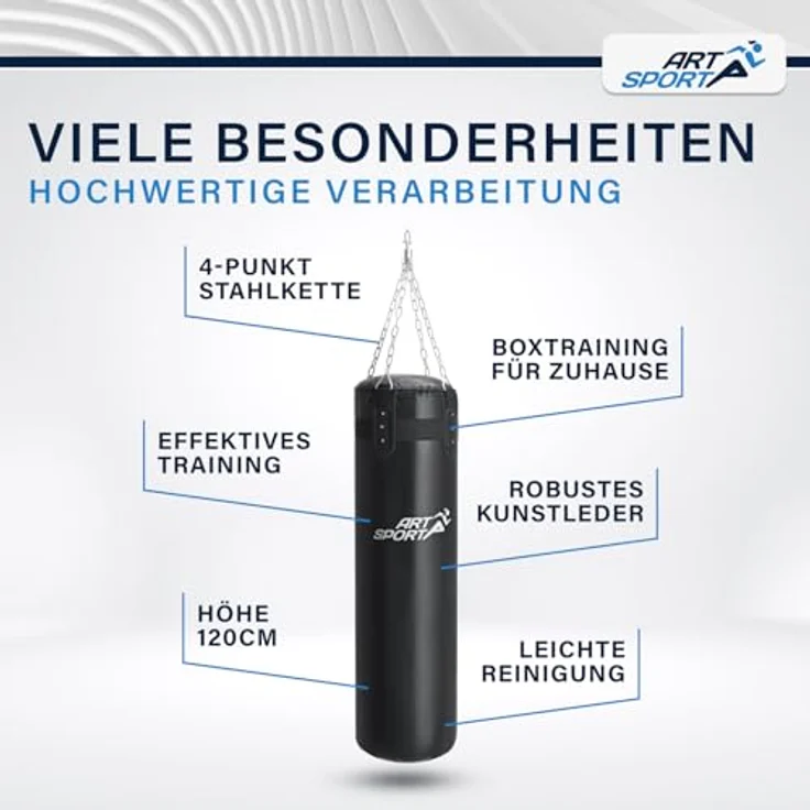 ArtSport® Boxsack Set 30 kg gefüllt, 110 cm hängend mit 4-Punkt-Stahlkette & Drehwirbel für Boxen & Kickboxen, schwarz – Bild 2