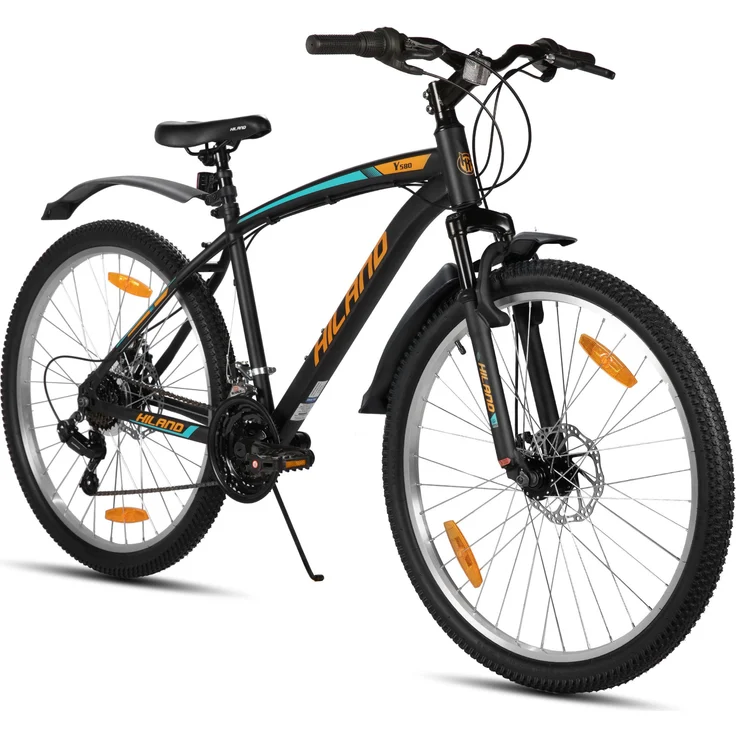 Hiland 27,5 Zoll Mountainbike, 18 Gang Herren und Damen, Doppelte Scheibenbremsen, Federgabel, Schutzbleche, Kohlenstoffstahlrahmen