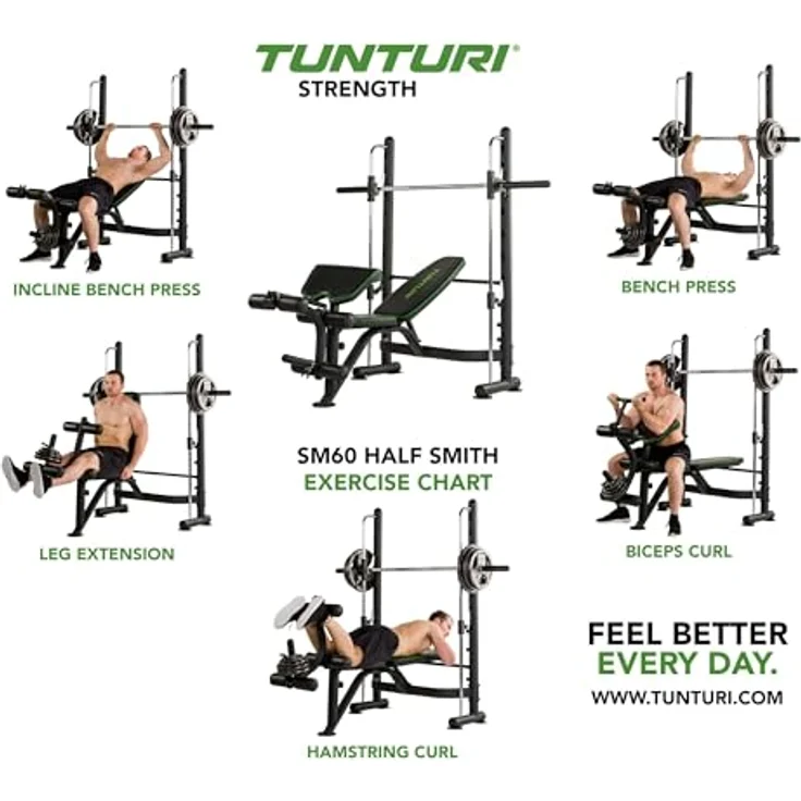 Tunturi Smithmachine SM60, Kraftstation für Hantelbank, Beintraining und Situps, verstellbare Langhantelstütze – Bild 3