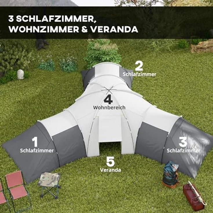 Outsunny Tunnelzelt, Campingzelt für 6-9 Personen, Familienzelt mit 3 Schlafzimmern, Wohnzimmer, Veranda, 2000mm Wasserabweisend Oxford, Grau – Bild 3