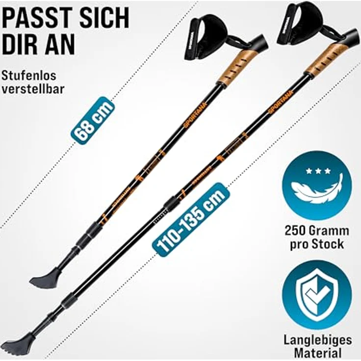 SPORTANA® Teleskop Wanderstöcke, verstellbar 68-135 cm, Aluminium-Duralumin, Anti-Shock-Federung, ergonomische Korkgriffe, rot/orange/grau – Bild 4