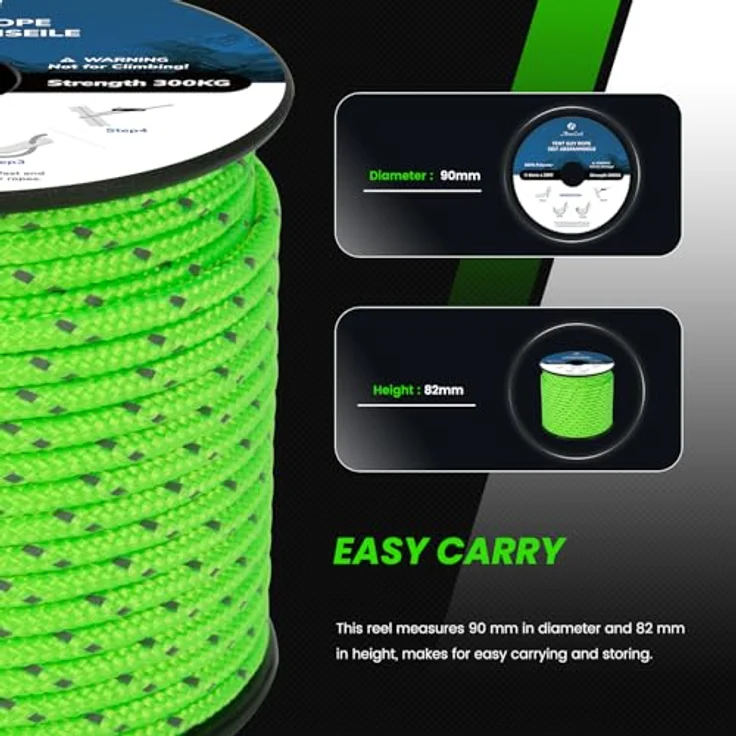 Abma Cord Abspannseile Zeltschnur 30M, 4mm mit 6 Seilspannern, reflektierende Neon Grün, hohe Sichtbarkeit und 300 kg Bruchlast für Camping und Zelte – Bild 4
