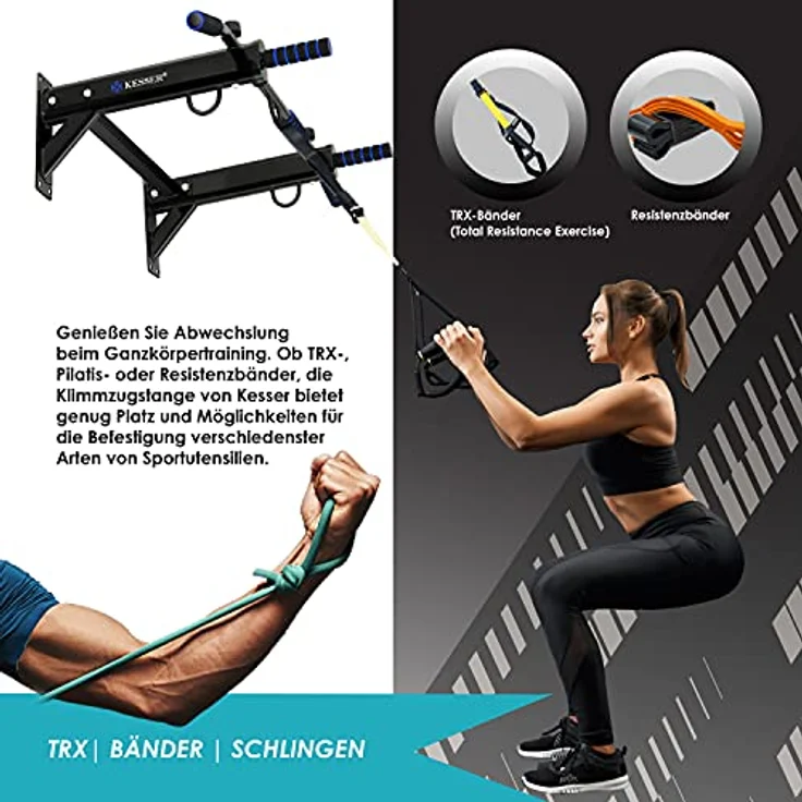 KESSER® 4in1 Klimmzugstange zur Wandmontage rutschfesten Griffen zusätzliche Funktion für Seile Ringe und Boxsäcke mit verschiedenen Griffpositionen | sicher & stabil | Pull Up Bar für zuhause, Blau – Bild 4