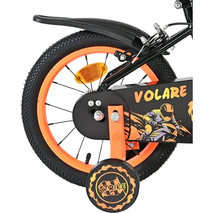 Volare Strike 14 Zoll Kinderfahrrad für Jungen – Schwarz-Orange, 2 Handbremsen, abnehmbare Stützräder, geschlossener Kettenschutz, Reflektoren vorne und hinten – Bild 3