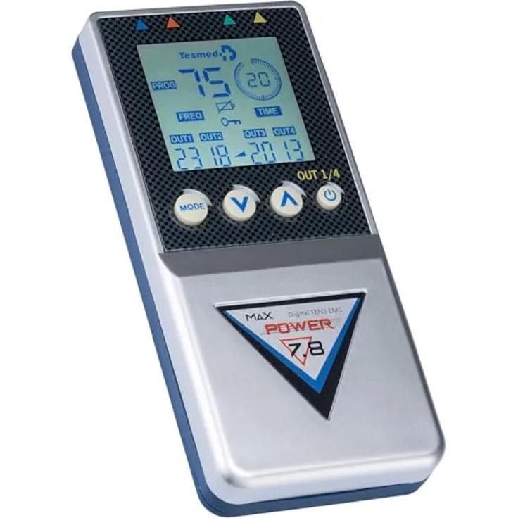 TESMED Max 7.8, Digital TENS-Massage + EMS Duo Elektrostimulationsgerät mit 4 Kanälen, für Muskelaufbau, inkl. 8 Elektroden, 125 Behandlungen