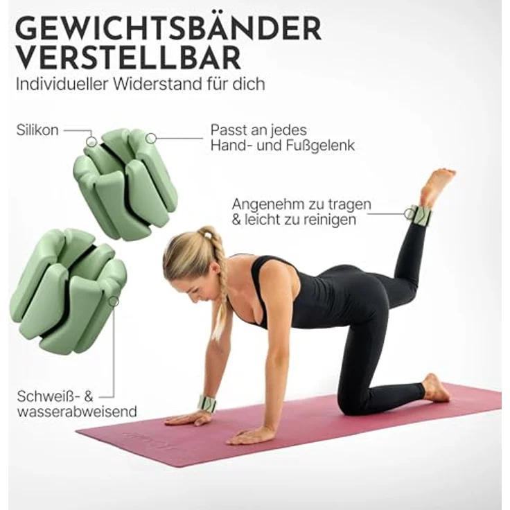 NEOLYMP Pilates Gewichtsmanschetten 2er Set, 2 x 0,5 kg Ankle Weights aus Silikon, verstellbar, schweiß- & wasserabweisend, Farbe Matcha – Bild 2