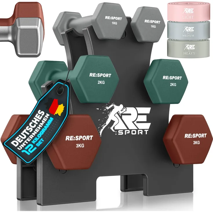 RE:SPORT® Hantel-Set 12 kg mit rutschfesten Neopren Kurzhanteln, 3 Hantelpaaren (2×1 kg, 2×2 kg, 2×3 kg), inkl. Ständer & 3 Fitnessbänder für Ganzkörpertraining, Damen & Herren