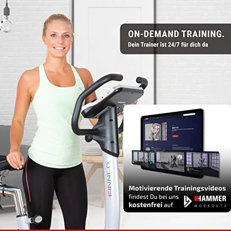 HAMMER Finnlo Ergometer Heimtrainer Exum XTR BT, Qualitäts-Ergometer mit 15 Trainingsprogrammen, Induktionsbremssystem, Bluetooth und App-Steuerung, 150 kg Gewichtsbelastung, 102 x 55 x 125 cm – Bild 2