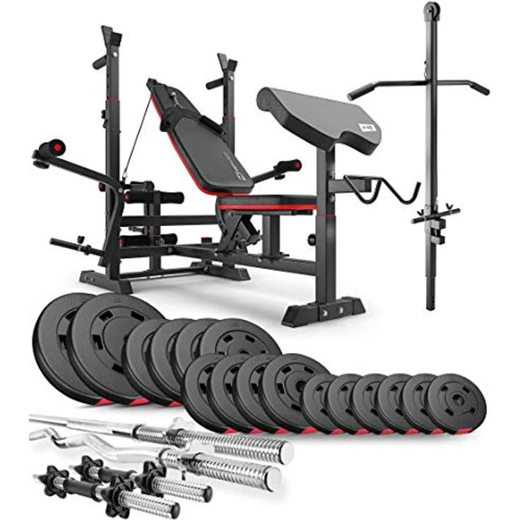 HS HOP-SPORT Hantelbank Kraftstation HS-1075 mit Lang-, Curl- & Kurzhantel Gewichten 75kg bis 173kg + Latzug (75kg), Stahlrahmenkonstruktion, für Heimgebrauch, schwarz – Bild 1
