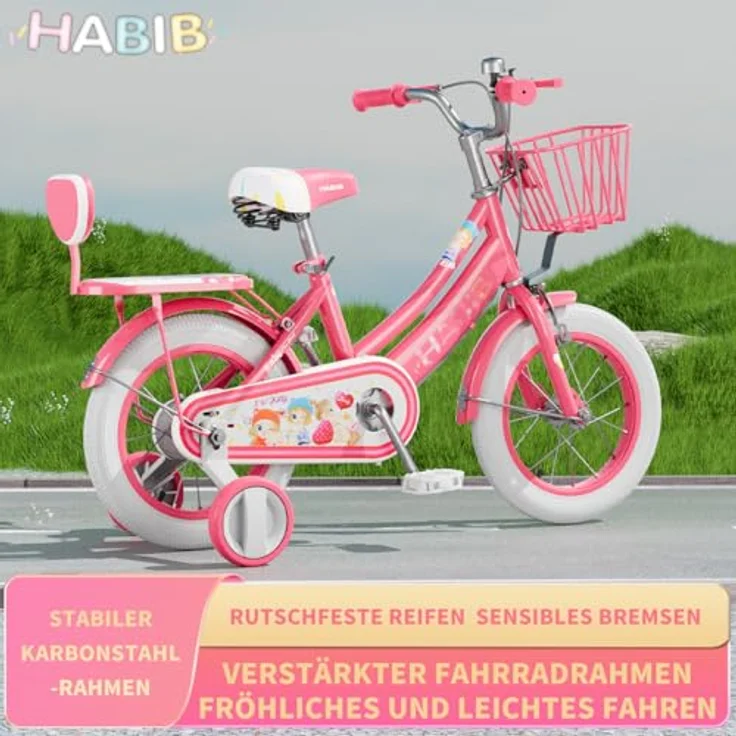 Habib Gruppe Kinderfahrrad für Mädchen, Komplettset mit Schutz-Set und höhenverstellbarem Sattel, Karbonstahl, pink – Bild 3