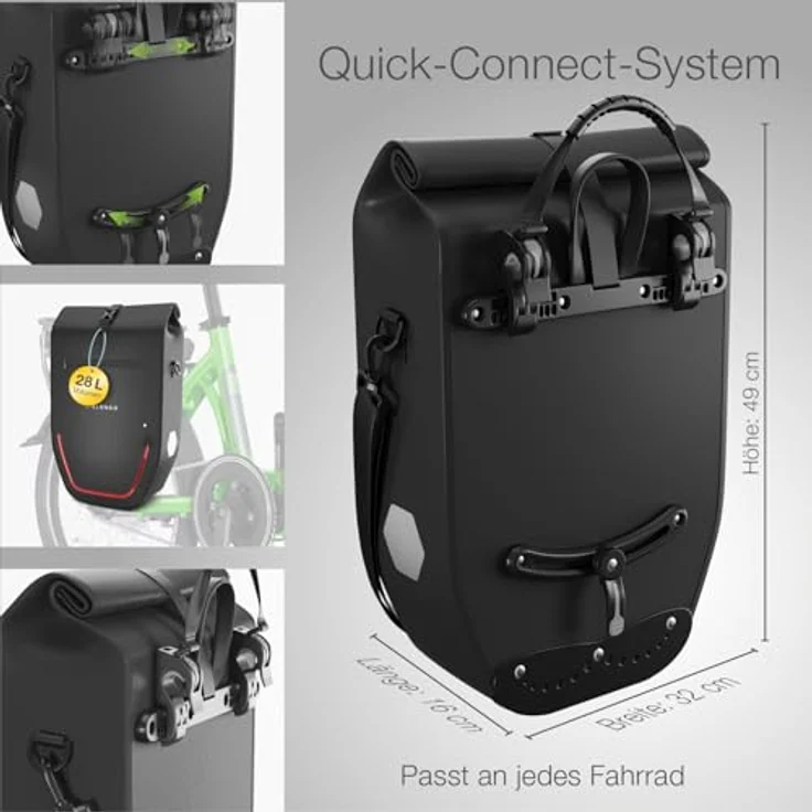 Eloneo Velotasche, Gepäckträgertasche mit 28 l Volumen, wasserdicht, integrierter LED-Streifen und Reflektoren für erhöhte Sichtbarkeit – Bild 8