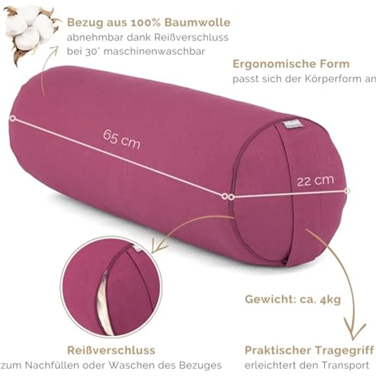 Bodhi Yoga Bolster Rolle Ø 22 cm | Yogarolle mit Bio-Dinkelfüllung | Yogakissen für Restorative & Yin Yoga | Waschbarer Bezug aus Baumwolle | Pilates Kissen mit Trageschlaufe (aubergine) – Bild 3