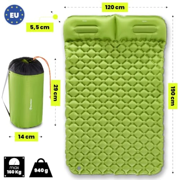 HyperMotion Campmat 2, ultraleichte Isomatte für 2 Personen, 190x120 cm, grün, mit integriertem Kopfkissen und kompaktem Packmaß – Bild 8