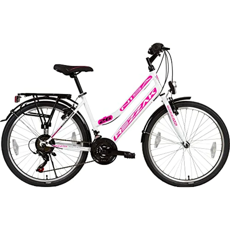 Rezzak 26 Zoll Fahrrad Mädchen Damen Citybike, 21 Gang Drehschaltung, RH ca 47cm, Weiß Pink