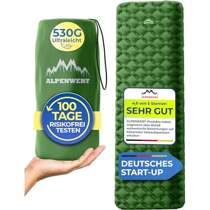 Alpenwert® Isomatte Outdoor, ultraleichte aufblasbare Luftmatratze mit kleinem Packmaß für Camping & Backpacking, ergonomisch geformt (Grün) – Bild 1