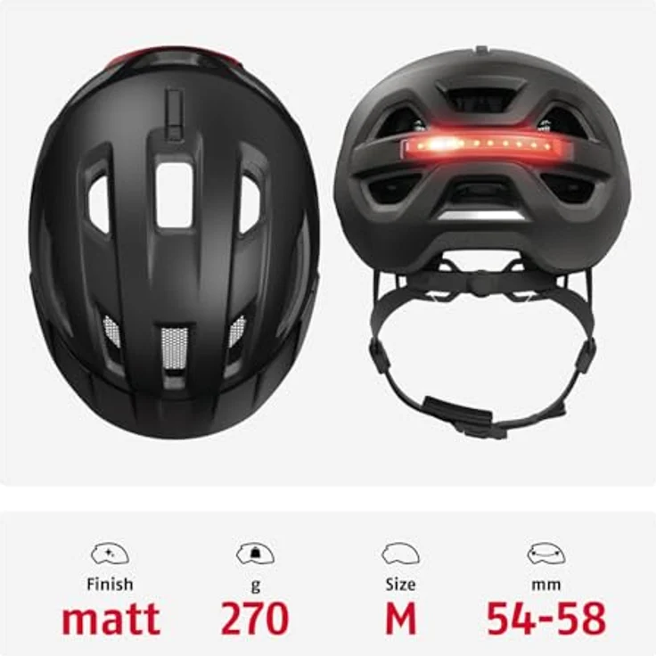 ABUS Urban-I 4.0, Fahrradhelm mit aufladbarem Rücklicht, 2 Leuchtmodi, Schirm, Zopf-Öffnung und magnetischem Verschluss, Größe M, schwarz – Bild 3