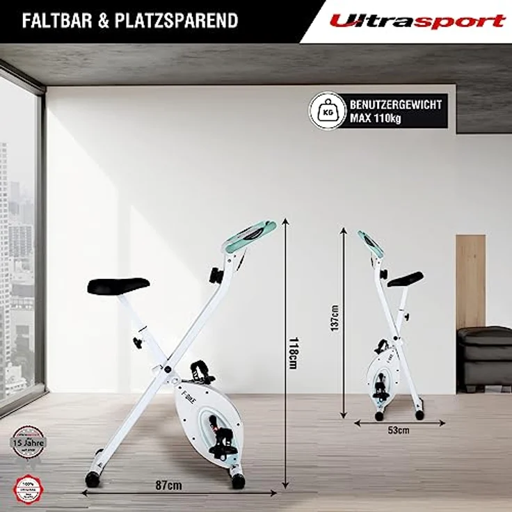 Ultrasport F-Bike, F-Rider Basics, Fahrradtrainer, Fitnessfahrrad LCD Trainingscomputer, Klappbarer Hometrainer, Max. Benutzergwicht 110 kg, Pulsmessung, 8 Widerstandsstufen, Trimmrad, Mint – Bild 3