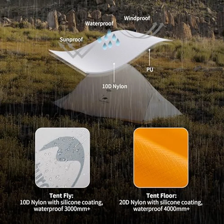 Naturehike Cloud up 2 Upgrade, Ultraleichtes 2-Personen-Zelt für 3-4 Saison, 10D Gelb, verbesserte Belüftung und Wasserdichtigkeit – Bild 3