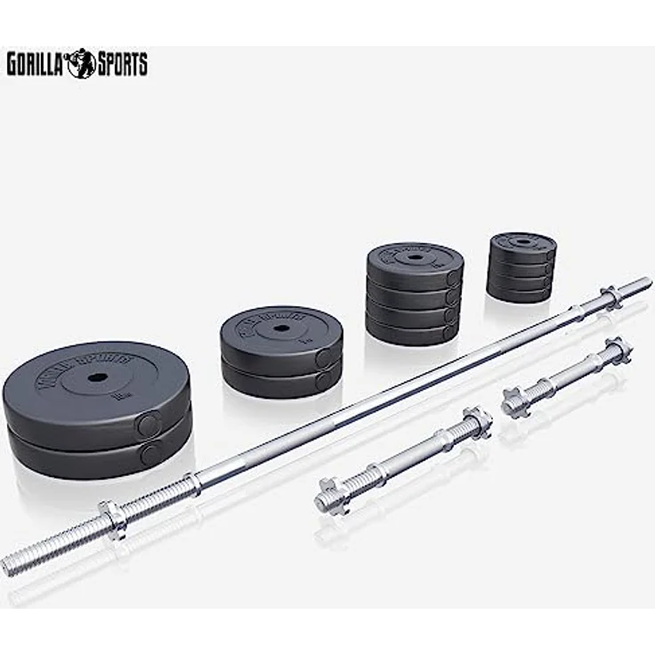 GORILLA SPORTS® Langhantel Set - 60kg, 100kg oder 130kg, Langhantelstange 170cm, 2 Kurzhanteln, Hantelscheiben aus Kunststoff, 30mm, mit Sternverschlüssen - Hantelset, Langhanteln, Gewichten, Fitness – Bild 2