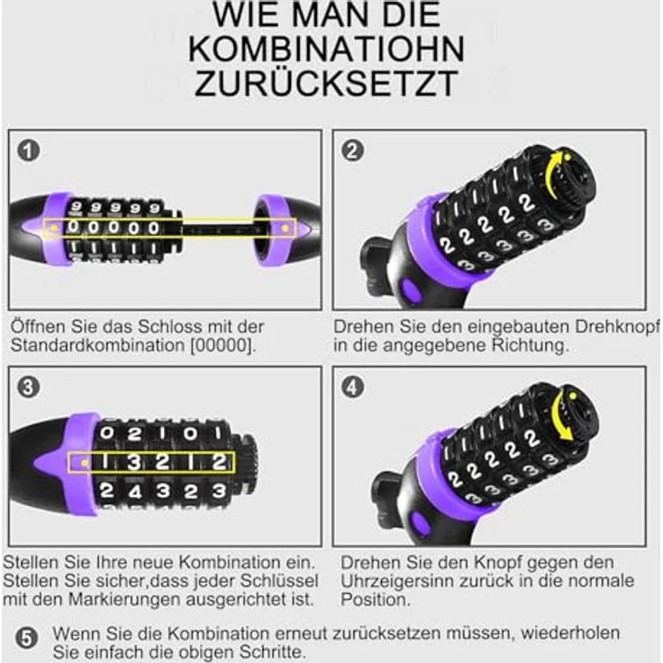 REHKITTZ Fahrradschloss 120cm/12mm Kabelschloss, sehr hohe Sicherheitsstufe mit 5-stelligem Zahlencode und Befestigungsbügel, violett – Bild 4