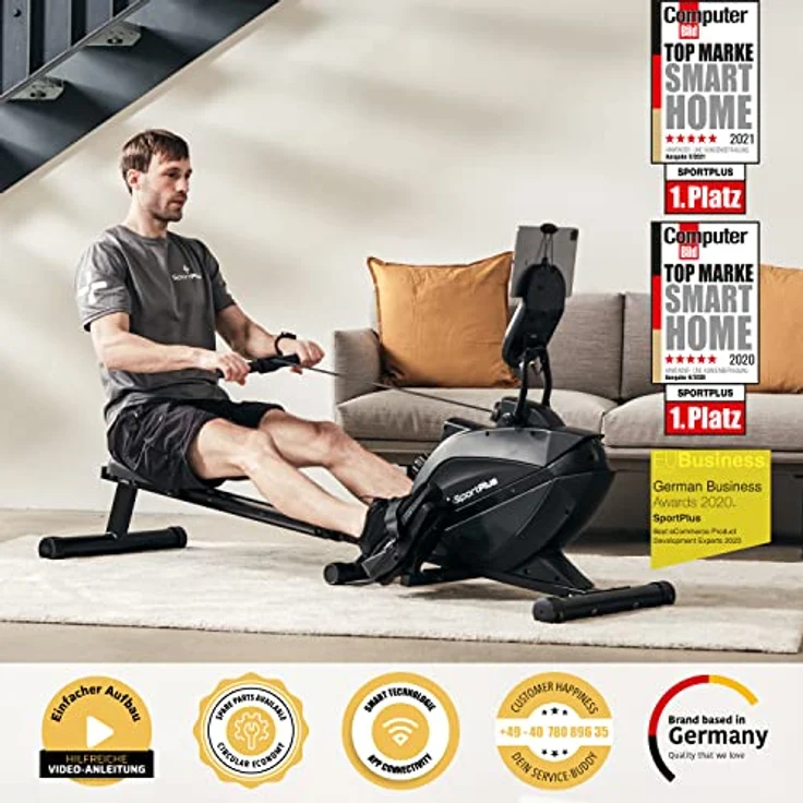 SportPlus Rudergerät für zuhause | Mit oder ohne Bluetooth, klappbar, leises Magnetbremssystem, 8 Widerstandsstufen, Schwungmasse 8kg, kugelgelagerter Rudersitz – Bild 2