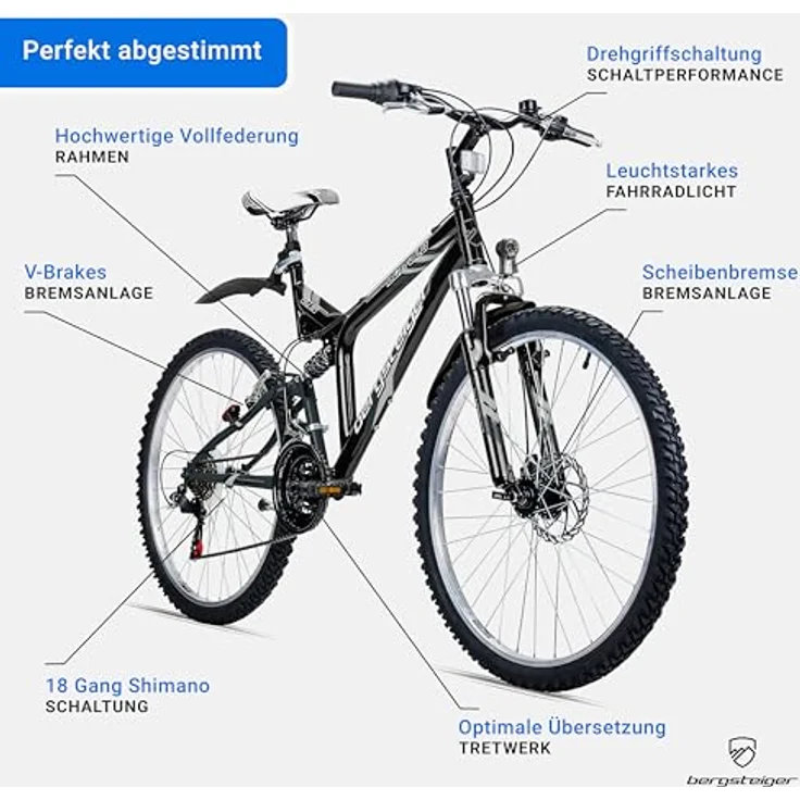 Bergsteiger Buffalo 26 Zoll Mountainbike, vollgefedert, 18 Gang-Schaltung, Scheibenbremse, geeignet ab 155 cm, Licht, Schutzblech – Bild 5