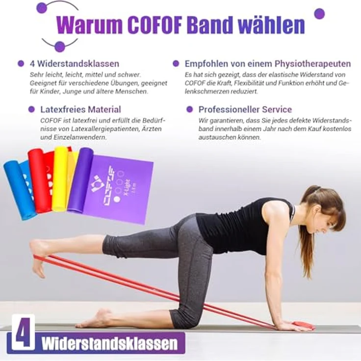 COFOF Fitnessbänder 4er-Set, 1,8m Gymnastikband mit 4 Widerstandsstufen, Tragetasche & Übungsanleitung, ideal für Yoga und Pilates (Lila, Gelb, Rot, Blau) – Bild 3