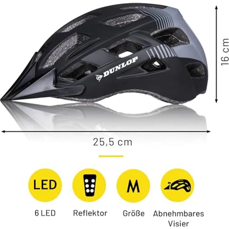 Dunlop Fahrradhelm M mit verstellbarem Umfang 55-58 cm, LED-Beleuchtung mit 3 Lichtmodi, schwarz – Bild 2