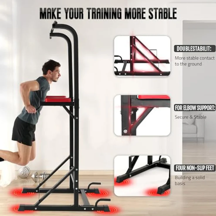 ISE Klimmzugstange Freistehend Kraftturm Multifunktional, Power Tower Dip Station Kraftstation für zuhause Klimmzugstation mit Liegestützgriffe für pull up und dip, Max.120 KG – Bild 4