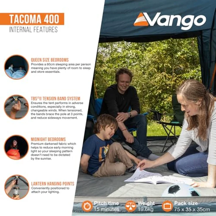 Vango Familienzelt Tacoma 400, 4-Personen Tunnelzelt mit 2 separaten Schlafkabinen und großem Vorraum, 4000 mm Wassersäule, inklusive Zeltbodenschutz und XL Tragetasche – Bild 4