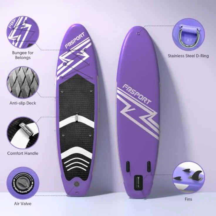 FBSPORT Aufblasbares SUP Board, 15CM dickes Stand Up Paddling Board mit verstellbarem Aluminium SUP Paddel und Pumpe, lila – Bild 3