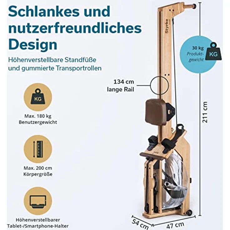 Skandika Wasserrudergerät Styrke | Designed and Made in Germany, Rudergerät Wasser aus Holz, Kinomap App-Funktion, Wasserrudergerät für Zuhause, Massive Esche, naturnahes Rudern (Styrke II) – Bild 5