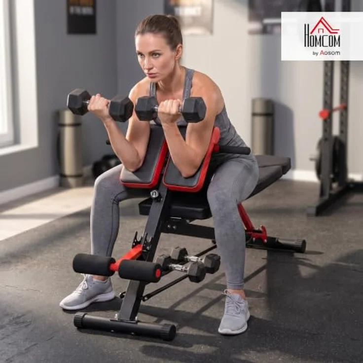 HOMCOM Hantelbank, Verstellbar, Stahl, bis 120 kg belastbar, Schwarz/Rot – Bild 2