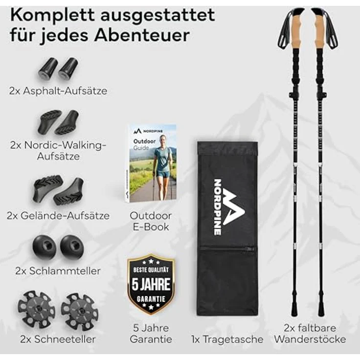NEOLYMP Faltbare Wanderstöcke aus Carbon & Aluminium, ultraleichte Trekkingstöcke mit Korkgriff, Wolframspitze und Gummipuffer, verstellbar 115-135 cm – Bild 2