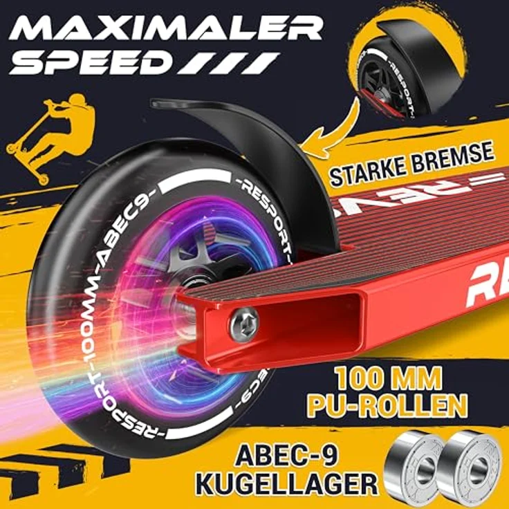 RE:SPORT® Stunt Scooter REVO, Profi Stuntroller für Kinder & Erwachsene mit Ständer, 100mm Polyurethan Wheels, Y-Bar, ABEC 9 Kugellager – Bild 5
