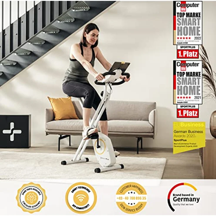 SportPlus Heimtrainer klappbar für zuhause, optional mit App Steuerung, Rückenlehne,Pulsmessung, manuelle oder computergesteuerte Widerstände, platzsparend faltbar – Bild 2