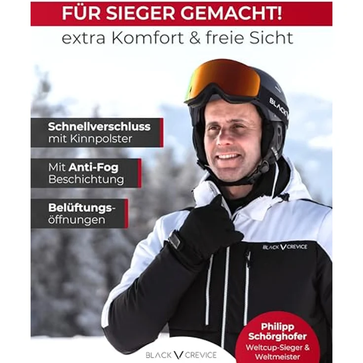 BLACK CREVICE Skihelm Kirchberg, schwarz/Silber mit Visier, M (54-57cm), optimierte Anpassung, atmungsaktiv und sicher nach CE EN 1077 – Bild 4