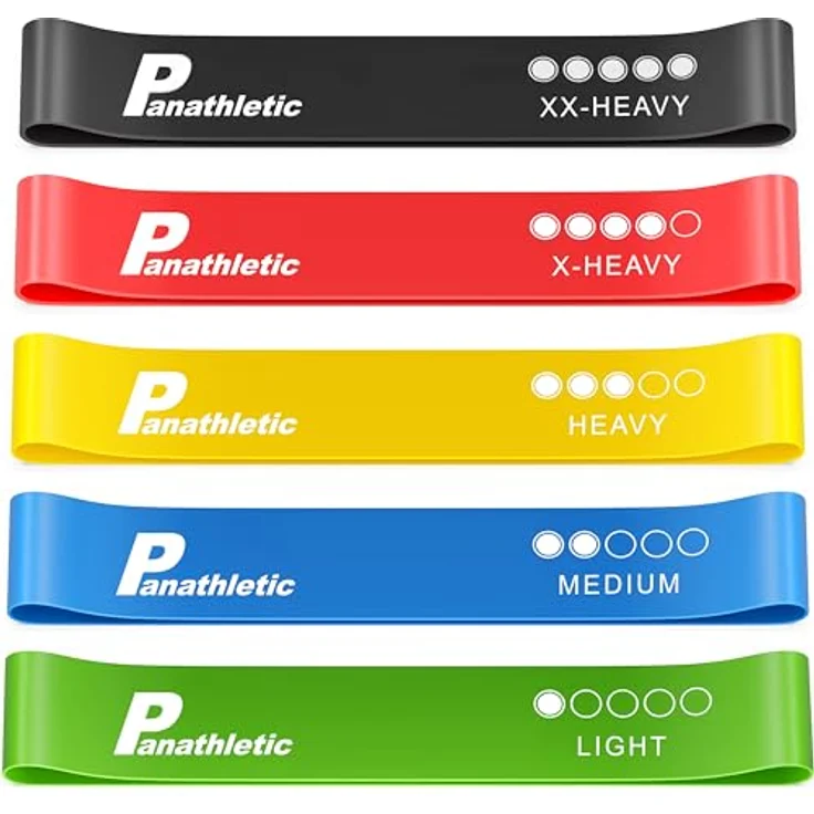 Panathletic Fitnessbänder, 5er Set – 5 verschiedene Stärken, Übungsanleitung, eBook auf Deutsch, 100% Naturlatex, rutschfest – Bild 1