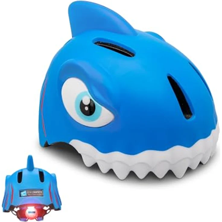 Crazy Safety Kinder Fahrradhelm, 3D Tierhelm für 2-7 Jahre, verstellbar, leicht, für Fahrrad, Skateboard, Laufrad, Tretroller, Inlineskates, mit LED-Rücklicht, Hai Blau, 49-55 cm – Bild 1