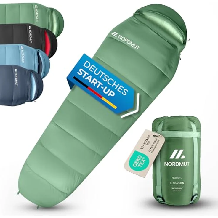 NORDMUT® Mumienschlafsack Erwachsene – Ultraleicht (900/1500g) mit kleinem Packmaß, 3-Jahreszeiten (250 GSM) & Sommerschlafsack (100 GSM) für Camping, Outdoor & Festivals