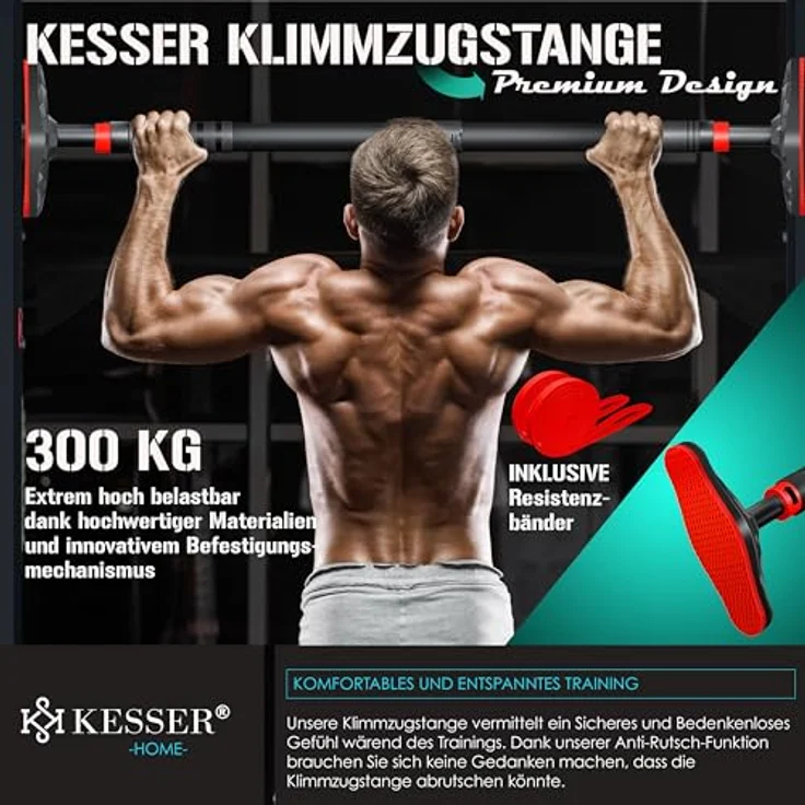KESSER® Klimmzugstange Türrahmen verstellbar, Pull Up Bar 68-106 cm, Tragfähigkeit bis zu 300 kg, rutschfeste Griffe, inkl. Resistenzbänder, ohne Schrauben/Bohren – Bild 2