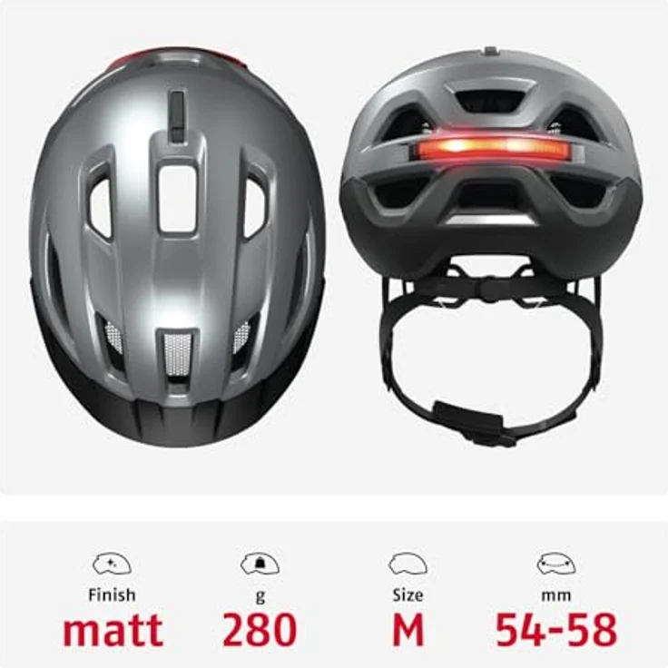 ABUS Urban-I 4.0 ACE, Fahrradhelm mit 4 Leuchtmodi, aufladbarem Rücklicht, Schirm, Zopf-Öffnung und magnetischem Verschluss, Größe M, silber – Bild 3