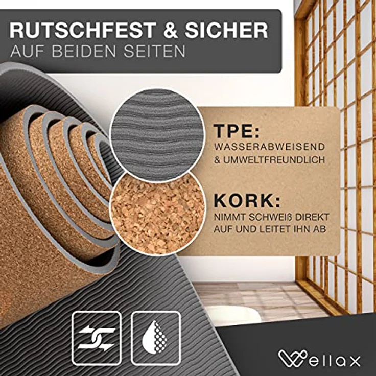 Wellax Yogamatte Kork - 100% natürliche Yogamatte rutschfest [185x66x0,6 cm] - Besonders dick & schadstofffrei - inkl. Tasche – Bild 4