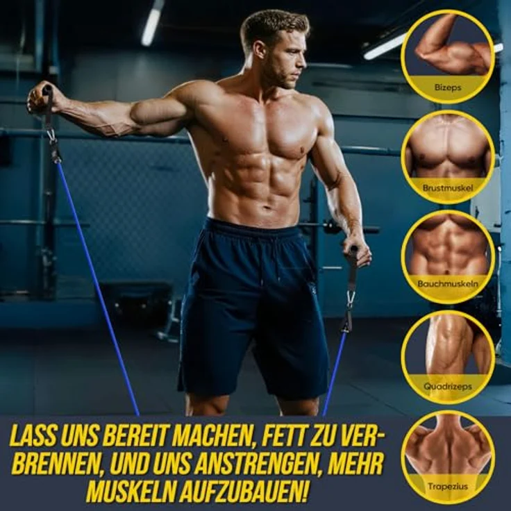 Fokky Fitnessbänder Resistance Bands Set, 5 Widerstandsbänder mit Türanker, 2 Griffen und Knöchelriemen, schwarz/blau/rot/grün/gelb, für Muskelaufbau und Krafttraining – Bild 5